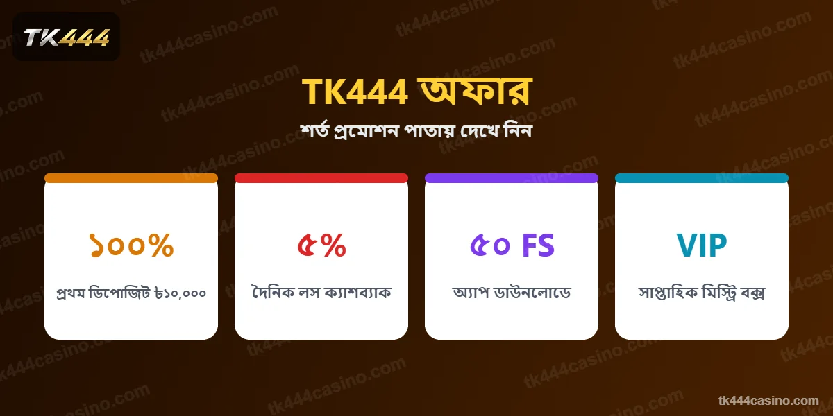TK444 অফার – ১০০% প্রথম ডিপোজিট বোনাস ৳১০,০০০, ৫% ক্যাশব্যাক, ৫০ ফ্রি স্পিন